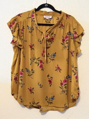 Mustard Floral Tie-Neck Blouse 0002